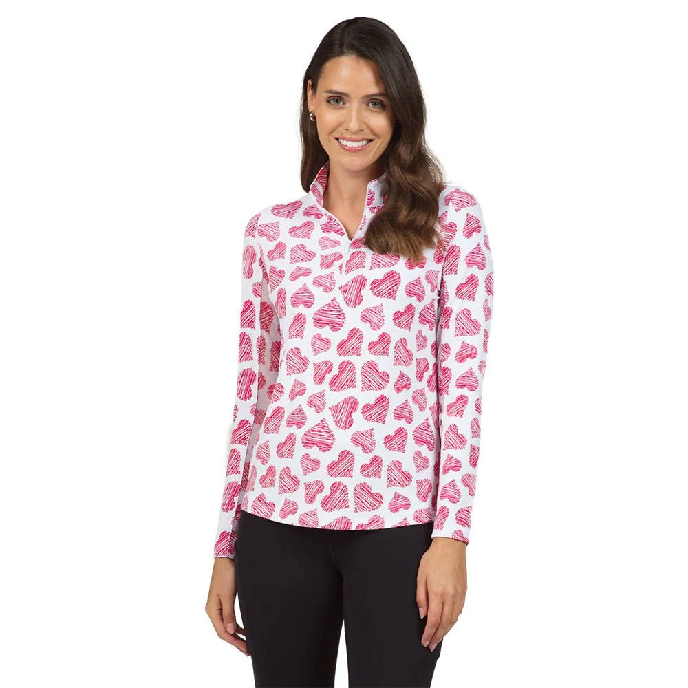 IBKUL Scribble Hearts Print Long Sleeve Zip Mock Neck